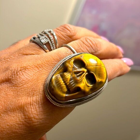 Adjustable Tiger Eye Carved Skull Statement Ring in Sterling Silver - Picture 1 of 4